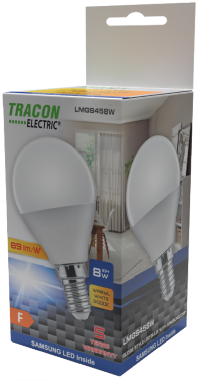 Żarówka LED z chipem Samsung - glob 230V,50Hz,8W,4000 K,E14,720lm,180°,G45,SAMSUNG chip, EEI=F LMGS458NW Tracon Electric