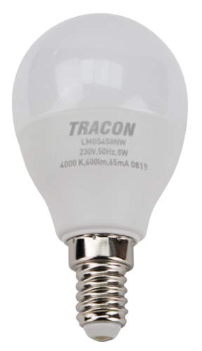 Żarówka LED z chipem Samsung - glob 230V,50Hz,8W,3000K,E14,710lm,180°,G45,SAMSUNG chip, EEI=F LMGS458W Tracon Electric