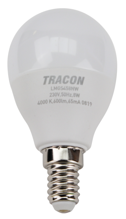 Żarówka LED z chipem Samsung - glob 230V,50Hz,8W,3000K,E14,710lm,180°,G45,SAMSUNG chip, EEI=F LMGS458W Tracon Electric