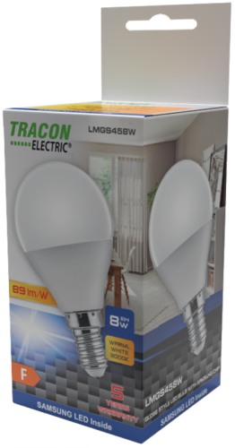 Żarówka LED z chipem Samsung - glob 230V,50Hz,8W,3000K,E14,710lm,180°,G45,SAMSUNG chip, EEI=F LMGS458W Tracon Electric