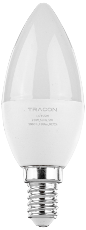 Żarówka LED z chipem Samsung - świeczka 230V,50Hz,5W,3000K,E14,430lm,180°,C37,SAMSUNG chip, EEI=F LGYS5W Tracon Electric