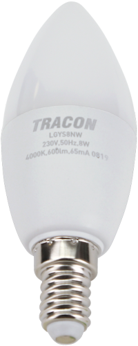 Żarówka LED z chipem Samsung - świeczka 230V,50Hz,8W,4000K,E14,720lm,180°,C37,SAMSUNG chip, EEI=F LGYS8NW Tracon Electric