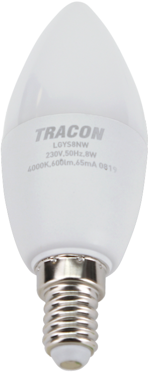 Żarówka LED z chipem Samsung - świeczka 230V,50Hz,8W,3000K,E14,710lm,180°,C37,SAMSUNG chip, EEI=F LGYS8W Tracon Electric