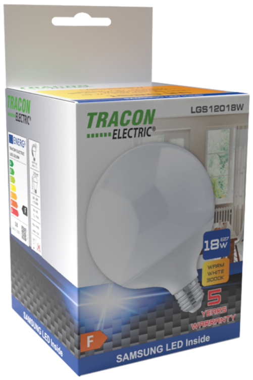 Żarówka LED z chipem Samsung - glob 230V,50Hz,18W,4000K,E27,1820lm,270°,G120,SAMSUNG chip, EEI=F LGS12018NW Tracon Electric