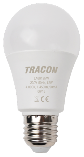 Żarówka Led - Glob 230 V, 50 Hz, 12 W,4000 K, E27, 1450 lm, 200°, A60, EEI=E LA6012NW Tracon Electric