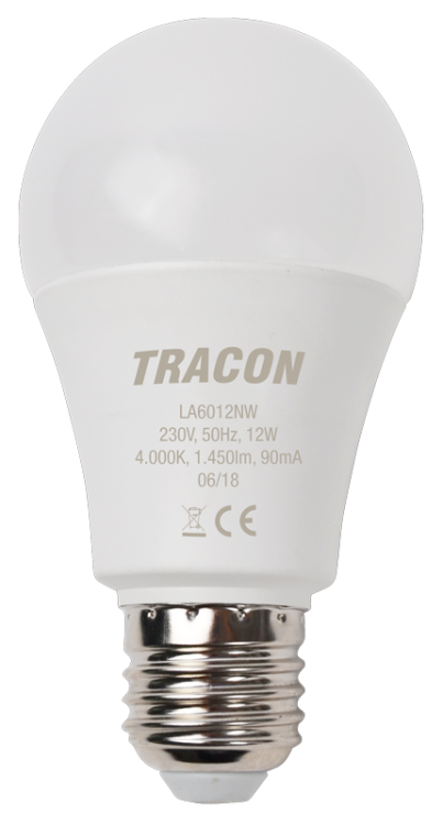 Żarówka Led - Glob 230 V, 50 Hz, 12 W,4000 K, E27, 1450 lm, 200°, A60, EEI=E LA6012NW Tracon Electric