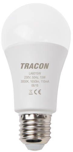 Żarówka Okrągła świetlówka LED 230 VAC, 15 W, 3000 K, E27, 1620 lm, 200°, A60, EEI=F LA6015W Tracon Electric
