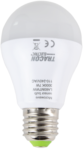 Żarówka LED z wbudowanym czujnikiem ruchu 110-240 V, 50/60 Hz, 7W,600lm,2700K,360°,60s,5m,<20lx, EEI=F LA60M7WW Tracon Electric