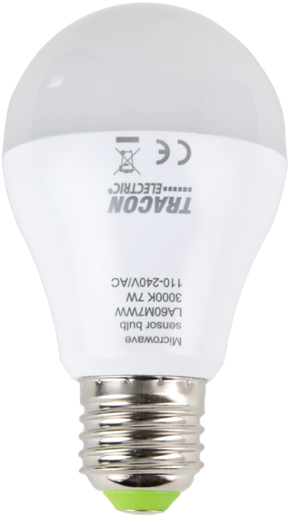 Żarówka LED z wbudowanym czujnikiem ruchu 110-240 V, 50/60 Hz, 7W,600lm,2700K,360°,60s,5m,<20lx, EEI=F LA60M7WW Tracon Electric
