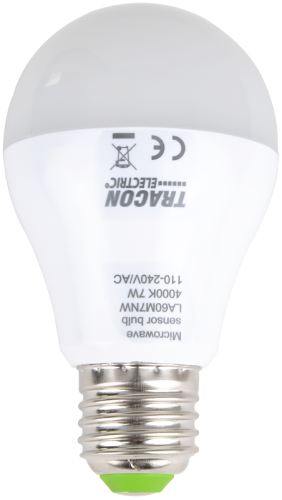 Żarówka LED z wbudowanym czujnikiem ruchu 110-240 V, 50/60 Hz, 7W,600lm,4000K,360°,60s,5m,<20lx, EEI=F LA60M7NW Tracon Electric