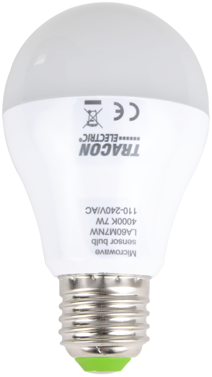 Żarówka LED z wbudowanym czujnikiem ruchu 110-240 V, 50/60 Hz, 7W,600lm,4000K,360°,60s,5m,<20lx, EEI=F LA60M7NW Tracon Electric