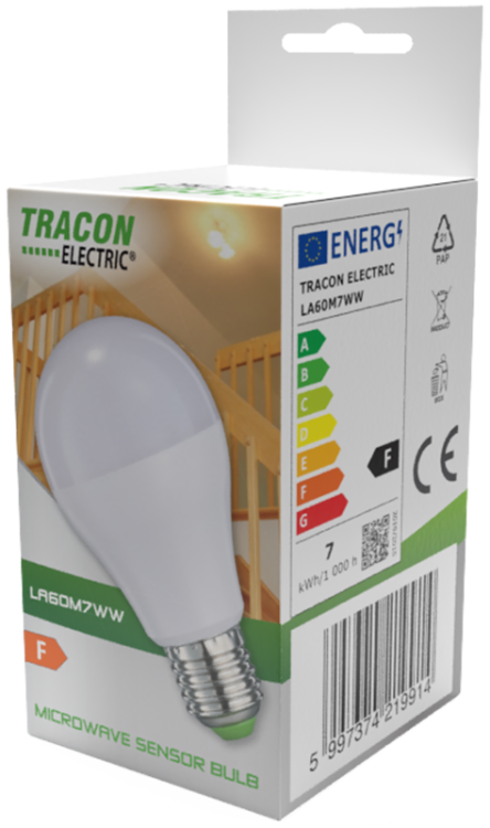 Żarówka LED z wbudowanym czujnikiem ruchu 110-240 V, 50/60 Hz, 7W,600lm,4000K,360°,60s,5m,<20lx, EEI=F LA60M7NW Tracon Electric