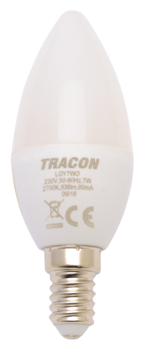Żarówka LED - Świeczka, mleczna 230 V, 50 Hz, 7 W, 4000 K, E14, 600 lm, 180°, EEI=F LGY7NW Tracon Electric
