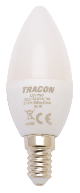 Żarówka LED - Świeczka, mleczna 230 V, 50 Hz, 7 W, 4000 K, E14, 600 lm, 180°, EEI=F LGY7NW Tracon Electric