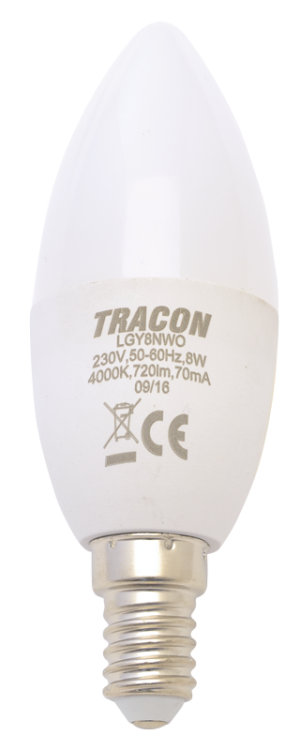 Żarówka LED - Świeczka, mleczna 230 V, 50 Hz, 8 W, 2700 K, E14, 710 lm, 180°, EEI=F LGY8W Tracon Electric