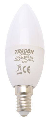 Żarówka LED - Świeczka, mleczna 230 V, 50 Hz, 8 W, 4000 K, E14, 710 lm, 180°, EEI=F LGY8NW Tracon Electric