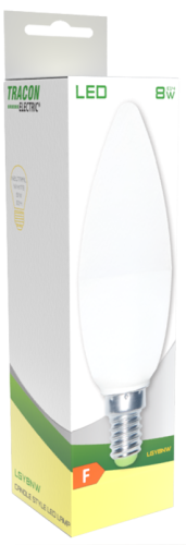 Żarówka LED - Świeczka, mleczna 230 V, 50 Hz, 8 W, 4000 K, E14, 710 lm, 180°, EEI=F LGY8NW Tracon Electric