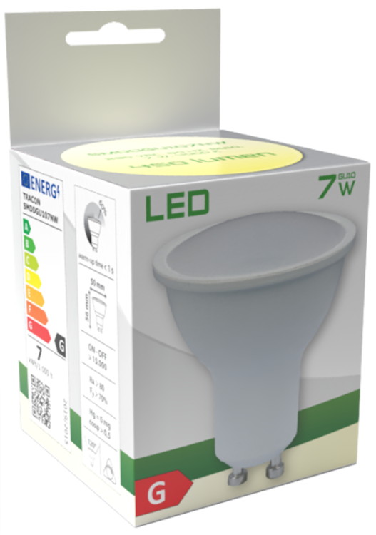 Żarówka Źródło światła Spot SMD LED, ściemnialne 230 VAC, 50 Hz, GU10, 7 W, 450 lm, 6500 K, 120°, EEI=G SMDDGU107CW Tracon Electric