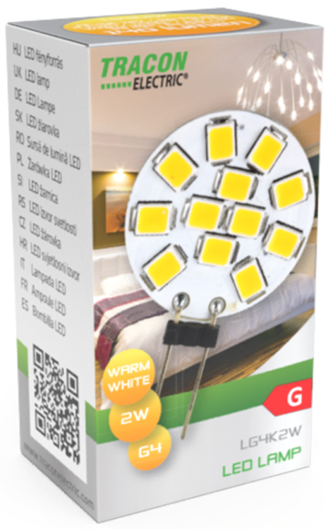 Żarówka Źródło światła LED 12 VAC/DC, 2 W, 2700 K, G4, 140 lm, 180°, EEI=G LG4K2W Tracon Electric