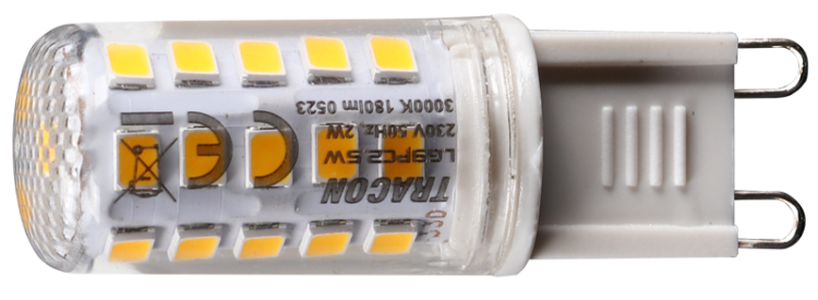 Żarówka Źródło światła LED G9 w obudowie plastikowej 230 V, 50 Hz, G9, 2 W, 180 lm, 3000 K, 300°, EEI=F LG9PC2,5W Tracon Electric