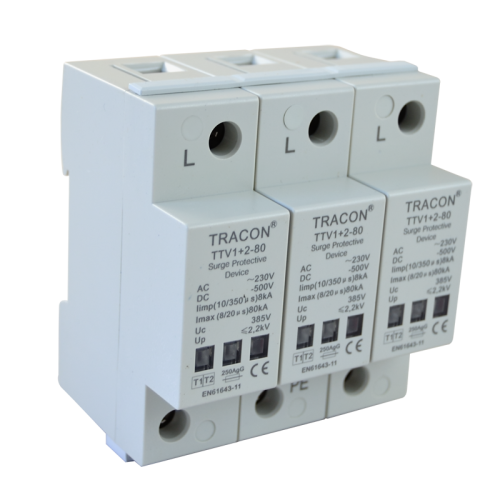 Ogranicznik przepięć AC/DC, Typ 1+2, zwarty 230/400 V, 50 Hz, 8 kA (10/350 us) 40/80 kA (8/20 us), 3P TTV1+2-80-3P Tracon Electric
