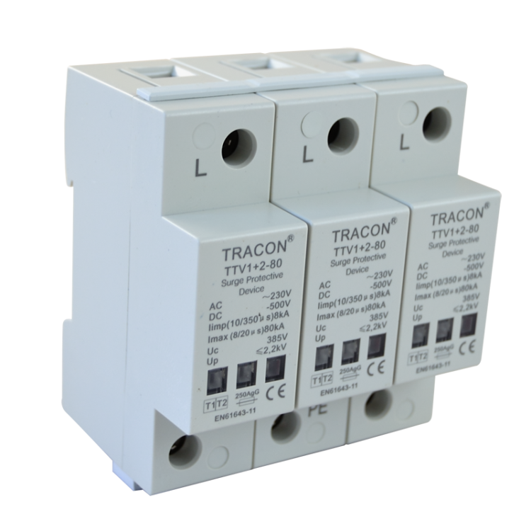 Ogranicznik przepięć AC/DC, Typ 1+2, zwarty 230/400 V, 50 Hz, 8 kA (10/350 us) 40/80 kA (8/20 us), 3P TTV1+2-80-3P Tracon Electric