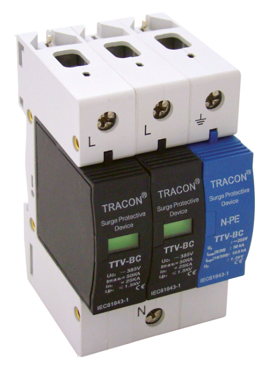 Ogranicznik przepięć, Typ B+Cz iskiernikiem 25kA, 2+1P TTV-BC225-2 Tracon Electric