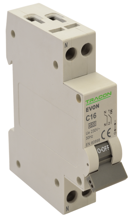 Wyłącznik nadprądowy 1+N, charakterystyka C 6A, C, 1P+N, 4,5kA EVONC6 Tracon Electric