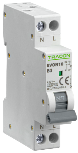 Wyłącznik nadprądowy 1+N pol., charakterystyka B 3A, B, 1P+N, 10kA EVON10B3 Tracon Electric