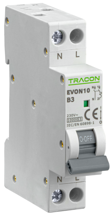 Wyłącznik nadprądowy 1+N pol., charakterystyka B 3A, B, 1P+N, 10kA EVON10B3 Tracon Electric