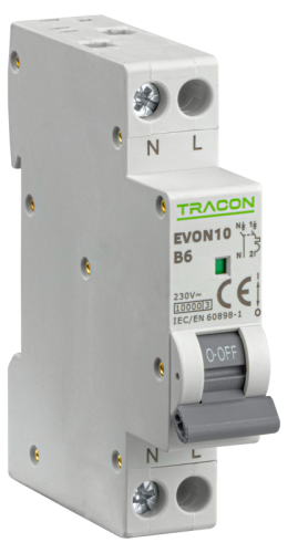 Wyłącznik nadprądowy 1+N pol., charakterystyka B 6A, B, 1P+N, 10kA EVON10B6 Tracon Electric