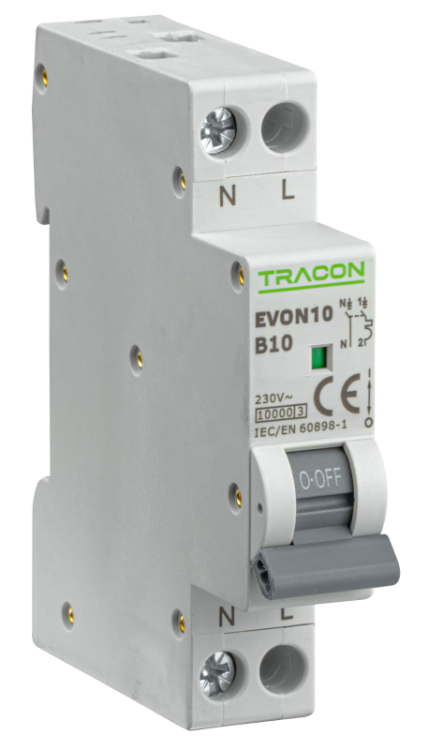 Wyłącznik nadprądowy 1+N pol., charakterystyka B 10A, B, 1P+N, 10kA EVON10B10 Tracon Electric