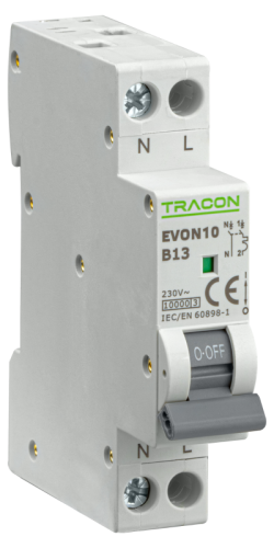 Wyłącznik nadprądowy 1+N pol., charakterystyka B 13A, B, 1P+N, 10kA EVON10B13 Tracon Electric