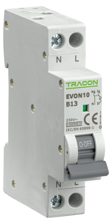 Wyłącznik nadprądowy 1+N pol., charakterystyka B 13A, B, 1P+N, 10kA EVON10B13 Tracon Electric