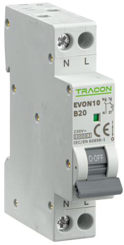 Wyłącznik nadprądowy 1+N pol., charakterystyka B 20A, B, 1P+N, 10kA EVON10B20 Tracon Electric