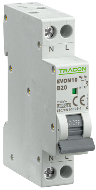 Wyłącznik nadprądowy 1+N pol., charakterystyka B 20A, B, 1P+N, 10kA EVON10B20 Tracon Electric