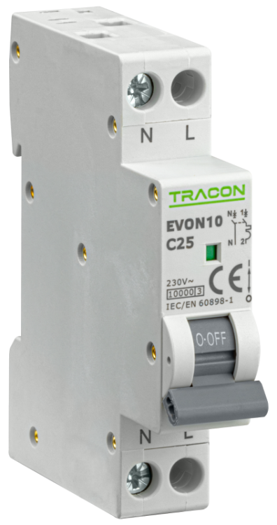 Wyłącznik nadprądowy 1+N pol., charakterystyka B 25A, B, 1P+N, 10kA EVON10B25 Tracon Electric