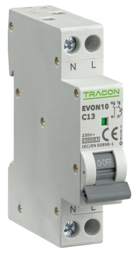 Wyłącznik nadprądowy 1+N pol., charakterystyka C 13A, C, 1P+N, 10kA EVON10C13 Tracon Electric