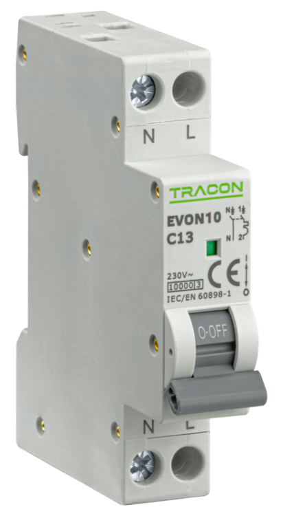 Wyłącznik nadprądowy 1+N pol., charakterystyka C 13A, C, 1P+N, 10kA EVON10C13 Tracon Electric