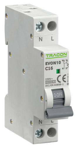 Wyłącznik nadprądowy 1+N pol., charakterystyka C 16A, C, 1P+N, 10kA EVON10C16 Tracon Electric