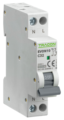 Wyłącznik nadprądowy 1+N pol., charakterystyka C 32A, C, 1P+N, 10kA EVON10C32 Tracon Electric