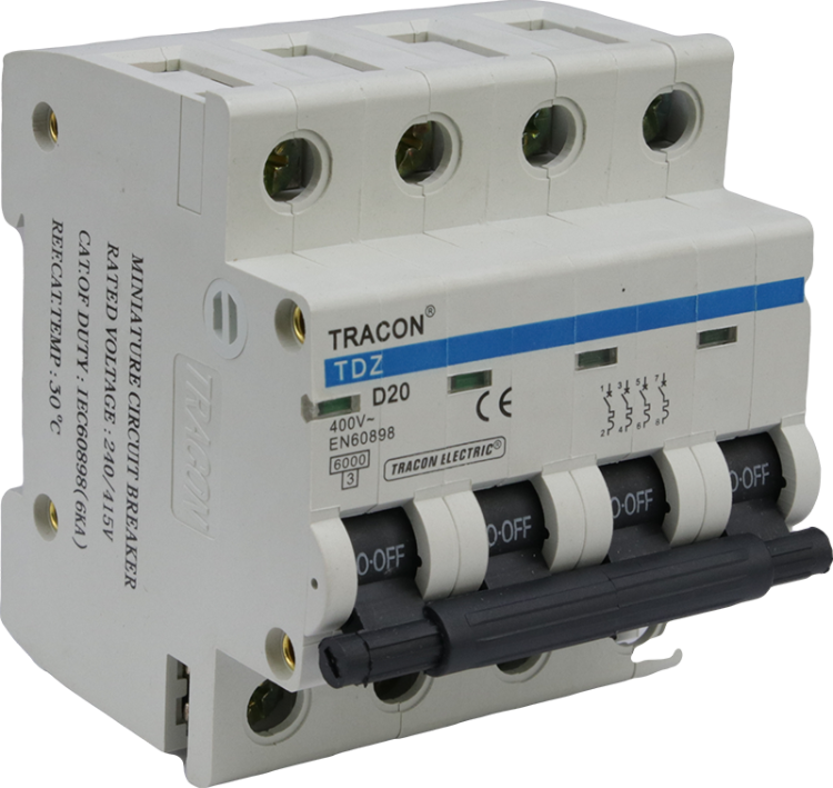 Wyłącznik nadprądowy, 4 pol, charakterystyka D 2A, 6kA TDZ-4D-2 Tracon Electric
