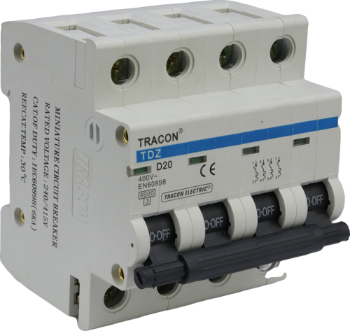 Wyłącznik nadprądowy, 4 pol, charakterystyka D 50A, 6kA TDZ-4D-50 Tracon Electric