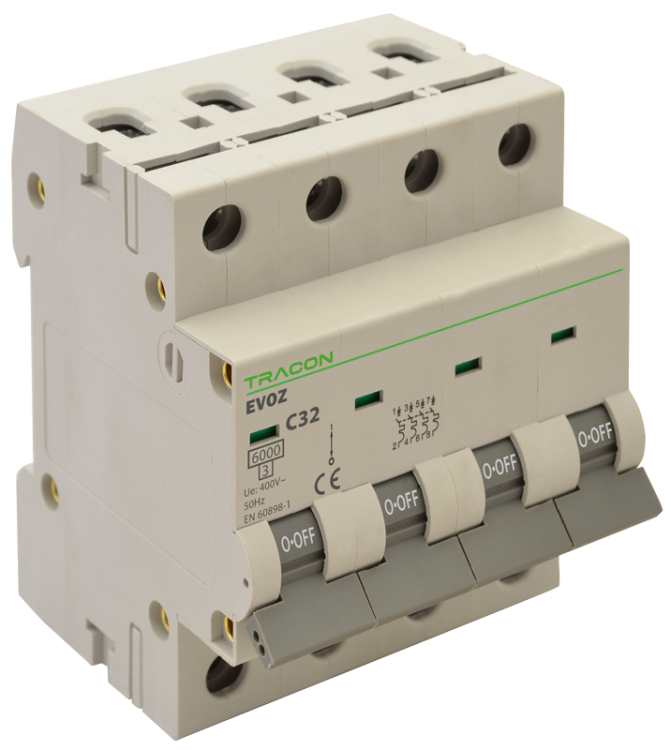Wyłącznik nadprądowy, 4P, charakterystyka B 2A, B, 4P, 6kA EVOZ4B2 Tracon Electric