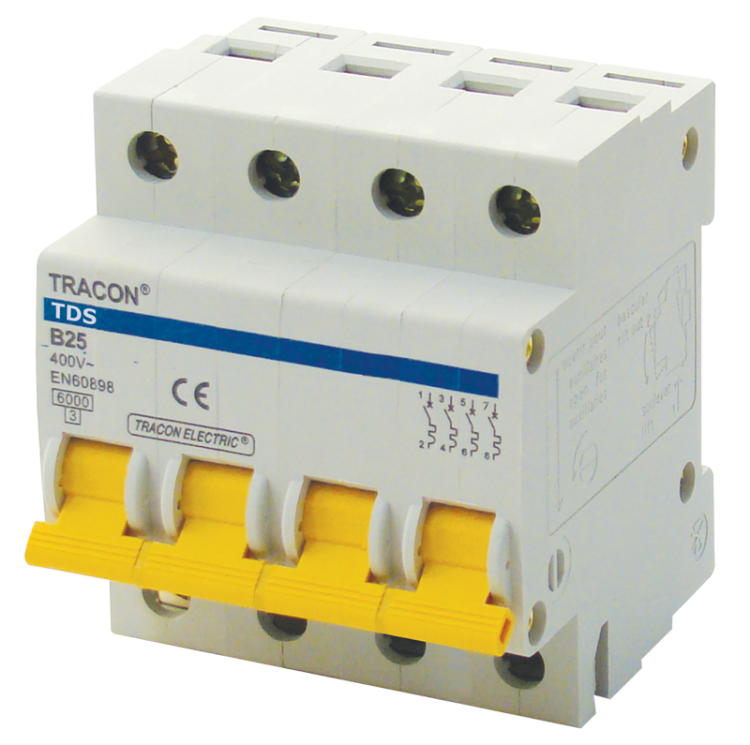 Wyłącznik nadprądowy, 4 pol, char. B, kolorowa dźwignia 20A, 6kA TDS-4B-20 Tracon Electric