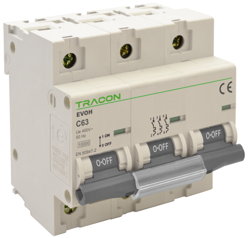 Wyłącznik nadprądowy wysokiej mocy, 3pol, charakterystyka C 63A, 3P,10kA EVOH363 Tracon Electric