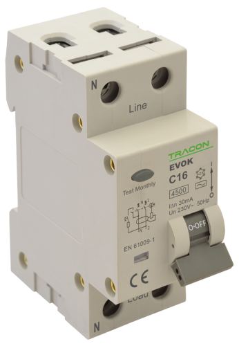 Wyłącznik różnicowo-prądowy z członem nadprądowym, C, 2P 32A, 30 mA, 4,5kA, AC EVOK2C3203 Tracon Electric