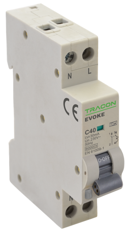 Wył. różn.-prądowy z czł. nadpr. elektroniczny, 1mod, C, 2P C10, 30mA, 6kA, AC, EVOKEC1003 Tracon Electric