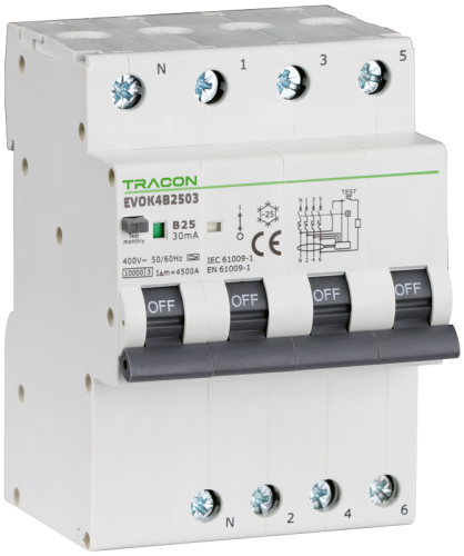 Wyłącznik różnicowo-prądowy zczł. nadprąd., B, 4P, 4-mod. B20A, 30 mA, 10kA, A EVOK4B2003 Tracon Electric