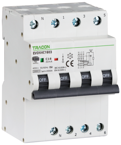 Wyłącznik różnicowo-prądowy zczł. nadprąd., C, 4P, 4-mod. C13A, 30 mA, 10kA, A EVOK4C1303 Tracon Electric